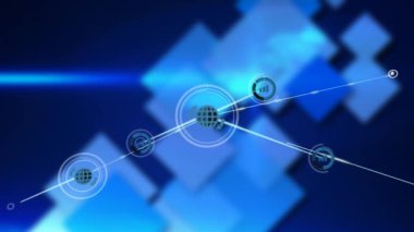 Mavi arkaplandaki şekillerin üzerindeki simgelerle bağlantı ağının animasyonu. küresel bağlantılar ve veri işleme konsepti dijital olarak oluşturulmuş video.