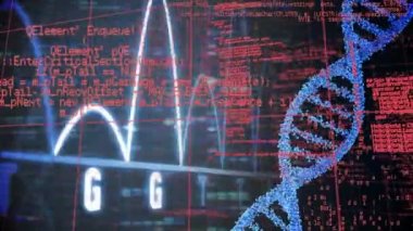 Siyah arka plandaki veri işleme şekillerinin üzerindeki DNA iplikçiklerinin animasyonu. küresel bağlantılar ve veri işleme konsepti dijital olarak oluşturulmuş video.