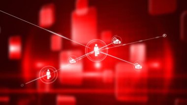 Kırmızı arkaplandaki şekillerin üzerindeki simgelerle bağlantı ağının canlandırılması. küresel bağlantılar ve veri işleme konsepti dijital olarak oluşturulmuş video.