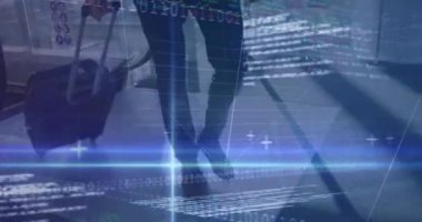Beyaz iş adamının bavul yürüyüşü ile ilgili finansal veri işleme animasyonu. küresel iş, finans ve dijital arayüz kavramı dijital olarak oluşturulmuş video.