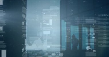 Beyaz iş kadınının ofisteki akıllı telefonuyla konuşmasının veri işleme animasyonu. küresel iş, finans ve dijital arayüz kavramı dijital olarak oluşturulmuş video.