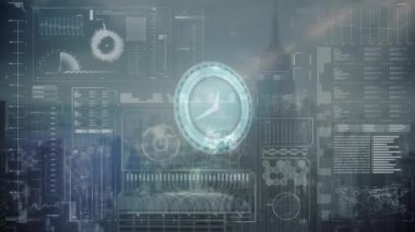 Çeşitli veriler üzerinden hareket eden saatin animasyonu. küresel veri, dijital arayüz ve teknoloji konsepti dijital olarak oluşturulmuş video.