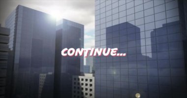 Basın animasyonu gökdelenlerin üzerinde başlıyor. Video oyunları, bağlantılar ve dijital olarak oluşturulmuş eğlence konsepti.