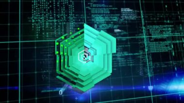 Siyah arka plandaki veri işleme üzerinde yeşil şekillerin canlandırılması. küresel bağlantılar ve veri işleme konsepti dijital olarak oluşturulmuş video.