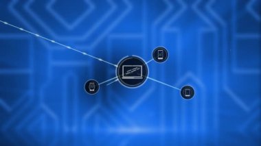 Mavi arkaplandaki şekillerin üzerindeki simgelerle bağlantı ağının animasyonu. küresel bağlantılar ve veri işleme konsepti dijital olarak oluşturulmuş video.