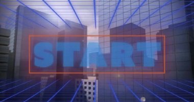 Sarılı gökdelenlerin üzerinden yeniden başlama animasyonu. Video oyunları, bağlantılar ve dijital olarak oluşturulmuş eğlence konsepti.