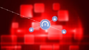 Kırmızı arkaplandaki şekillerin üzerindeki simgelerle bağlantı ağının canlandırılması. küresel bağlantılar ve veri işleme konsepti dijital olarak oluşturulmuş video.