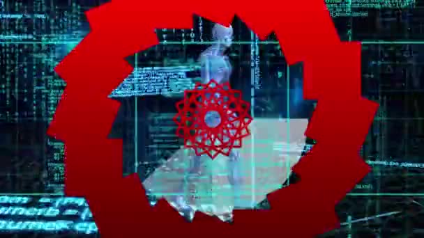 黒の背景でデータ処理上の赤い形と人間のモデルのアニメーション グローバルな接続とデータ処理の概念デジタルで生成されたビデオ — ストック動画