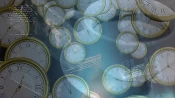 Animation Data Processing Floating Clocks Global Data Time Digital Interface — Stock Video