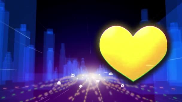 Анимация Сердца Через Интернет Быстро Перемещается Метаверном Городском Фоне Цифровой — стоковое видео