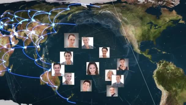 Анімація Фотографій Різних Чоловічих Жіночих Бізнесменів Всьому Світу Карта Світу — стокове відео