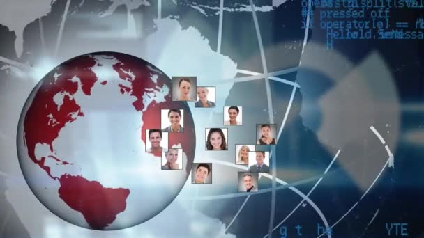 世界のアニメーションや多様な男性と女性のビジネスマンの写真上の多様なデータ 世界的なビジネス 接続と技術の概念のネットワークデジタルで生成されたビデオ — ストック動画