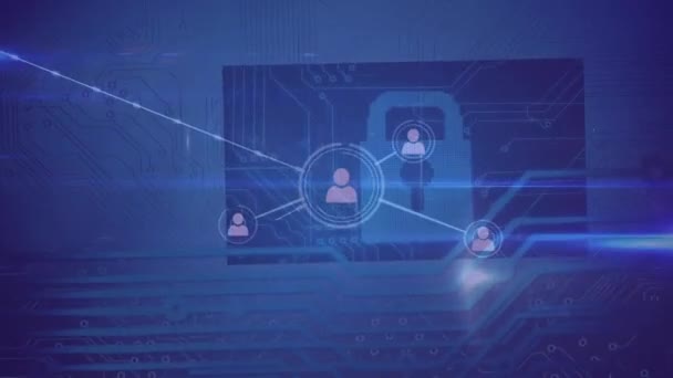 Animation Von Verbindungsnetzwerken Mit Symbolen Und Datenverarbeitung Auf Blauem Hintergrund — Stockvideo