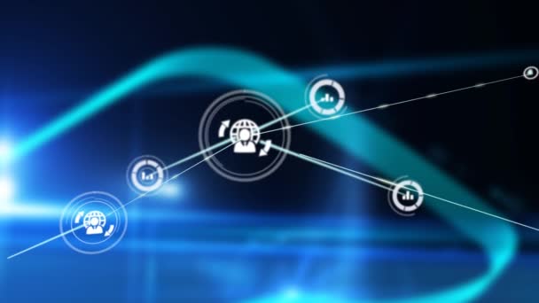 黒の背景に図形上のアイコンとの接続のネットワークのアニメーション グローバルな接続とデータ処理の概念デジタルで生成されたビデオ — ストック動画
