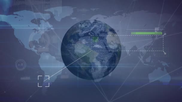 地球在世界地图上旋转的动画 全球连接网络 数字接口和数字视频技术概念 — 图库视频影像