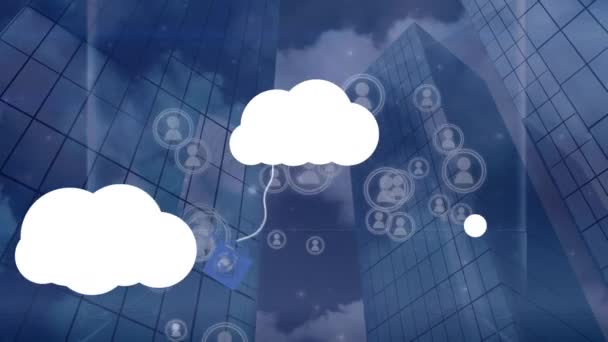 Animation Cloud Icons Cityscape Global Connections Data Processing Concept Digitally — Stock Video