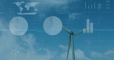 Mavi arkaplandaki istatistik ve veri işleme resimleri. Çevre, yenilenebilir enerji ve sürdürülebilirlik kavramı dijital olarak oluşturulmuş görüntü.