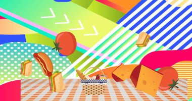 Soyut desenli arkaplanda, gingham masa örtüsünün üzerindeki piknik sepetlerinin resmi. Ulusal piknik günü konsepti dijital olarak oluşturulmuş görüntü.