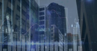 Ofis binaları üzerinde istatistik ve finansal veri işleme resmi. iş, finans ve veri işleme kavramı dijital olarak oluşturulmuş görüntü.