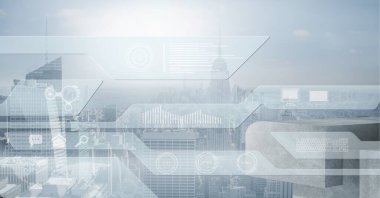 Şehir manzarasının havadan görüntüsüne karşı veri işleme ile dijital arayüz. bilgisayar arayüzü ve iş teknolojisi kavramı