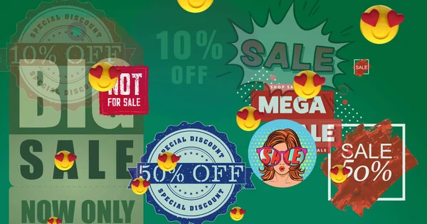 Obraz Emoji Czerwonymi Sercami Tekst Sprzedaży Zielonym Tle Koncepcja Sprzedaży — Zdjęcie stockowe