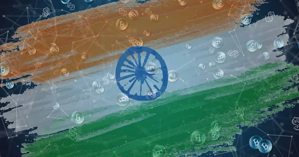 Immagine Simboli Bitcoin Che Scorre Sopra Bandiera Dell India Background — Foto Stock