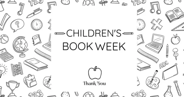 Afbeelding Van Kinderen Boek Week Tekst School Items Witte Achtergrond — Stockfoto