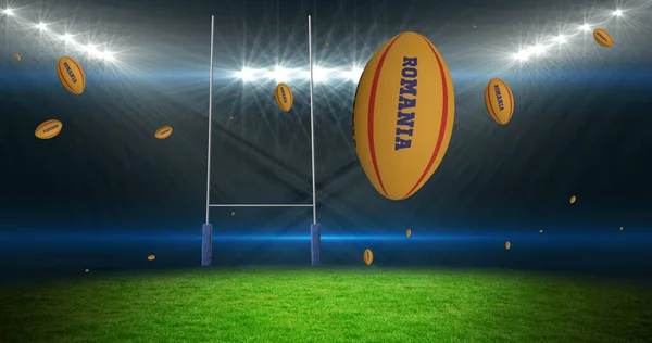 Imagen Bolas Rugby Amarillas Con Texto Romania Estadio Concepto Deporte — Foto de Stock