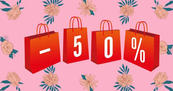 Afbeelding Van Percentage Tekst Bloemen Roze Achtergrond Verkoop Retail Spaarconcept — Stockfoto