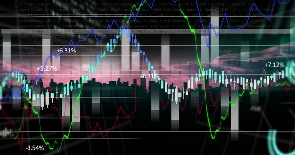 Bild Finansiell Databehandling Över Stadsbilden Global Verksamhet Ekonomi Anslutningar Och — Stockfoto