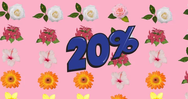 ピンクの背景に花の上に20パーセントのテキストの画像 貯蓄の概念デジタル的に生成された画像 — ストック写真