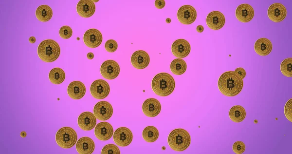 Afbeelding Van Bitcoins Pulserend Paarse Achtergrond Fiscaal Dag Financieel Concept — Stockfoto