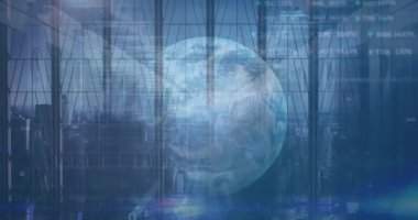 Yürüyen iş adamları üzerinde finansal veri işleme animasyonu. küresel iş, finans ve dijital arayüz kavramı dijital olarak oluşturulmuş video.