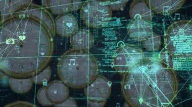 Hareket halindeki saatlerin üzerinde veri işleme animasyonu. küresel iş, dijital arayüz, zaman ve teknoloji konsepti dijital olarak oluşturulmuş video.