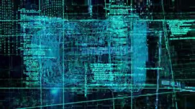 Siyah arkaplanda veri işleme üzerine 3D modelin animasyonu. küresel bağlantılar ve veri işleme konsepti dijital olarak oluşturulmuş video.