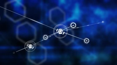 Siyah arkaplandaki şekillerin üzerindeki simgelerle bağlantı ağının canlandırılması. küresel bağlantılar ve veri işleme konsepti dijital olarak oluşturulmuş video.