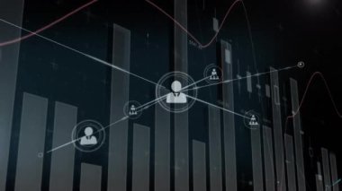 İnsan simgeleri ve finansal veri işleme ağları animasyonu. küresel iş, finans ve ağ konsepti dijital olarak oluşturulmuş video.