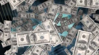 Dolarların karanlık arka planda yüzüşü. küresel finans, bağlantılar ağı ve dijital olarak oluşturulan teknoloji konsepti.