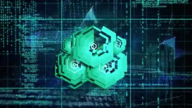 Siyah arkaplanda veri işleme üzerinde yeşil şekillerin ve kürenin animasyonu. küresel bağlantılar ve veri işleme konsepti dijital olarak oluşturulmuş video.