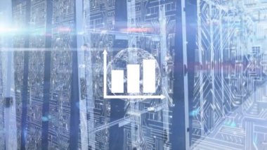 Sunucu odasının üzerinde simge ve dünya animasyonu. küresel teknoloji, bağlantılar ve dijital arayüz konsepti dijital olarak oluşturulmuş video.