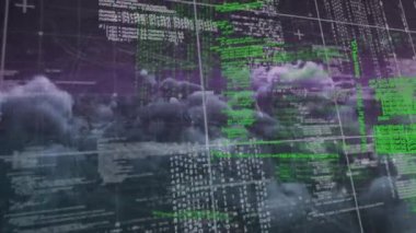 Kara arkaplanda bulutların üzerinde veri işleme animasyonu. küresel bağlantılar ve veri işleme konsepti dijital olarak oluşturulmuş video.