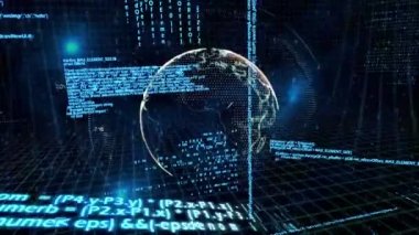 Veri işleme animasyonunun siyah arka planda dünya üzerinde gerçekleşmesi. küresel teknoloji, bağlantılar ve veri işleme kavramı dijital olarak oluşturulmuş video.