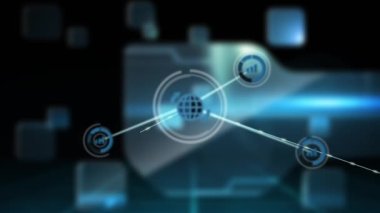 Siyah arkaplandaki şekillerin üzerindeki simgelerle bağlantı ağının canlandırılması. küresel bağlantılar ve veri işleme konsepti dijital olarak oluşturulmuş video.