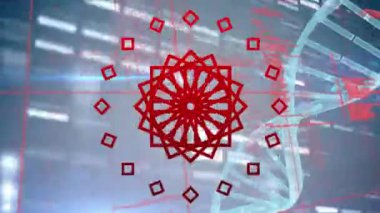 Siyah zemin üzerinde kırmızı şekillerin DNA ipliği ve veri işleme şekillerinin animasyonu. küresel bağlantılar ve veri işleme konsepti dijital olarak oluşturulmuş video.