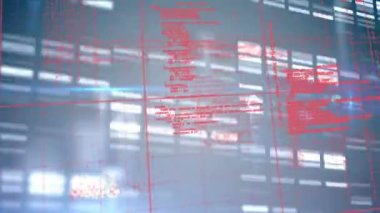 Siyah arkaplandaki veri işleme üzerinde kırmızı noktaların ve hareket eden sütunların animasyonu. küresel bağlantılar ve veri işleme konsepti dijital olarak oluşturulmuş video.