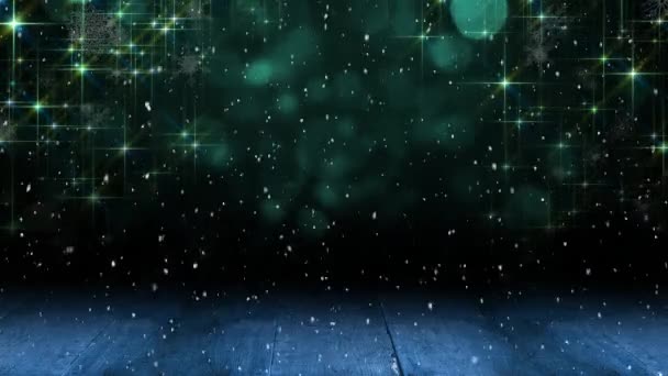 Animation Von Schnee Der Über Grüne Lichter Und Holzbretter Fällt — Stockvideo