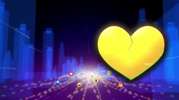 Animation Broken Heart Internet Icons Moving Fast Metaverse City Background — Stock Video