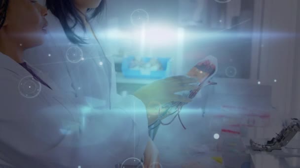 Animation Eines Netzwerks Von Verbindungen Über Verschiedene Laborarbeiterinnen Globale Medizin — Stockvideo