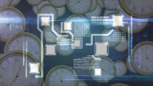 Animation Integrated Circuit Floating Clocks Global Business Digital Interface Time — Stock Video