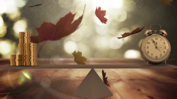 Animace Podzimního Listí Padajícího Přes Hodiny Hromadu Mincí Čas Ubíhající — Stock video